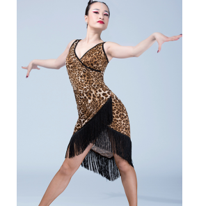 Black red leopard v neck sleeveless women's ladies female  fringes competition performance latin dance dresses